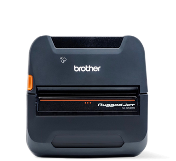 Brother RuggedJet RJ-4250WB portable label printer with a black and orange design on a white background.