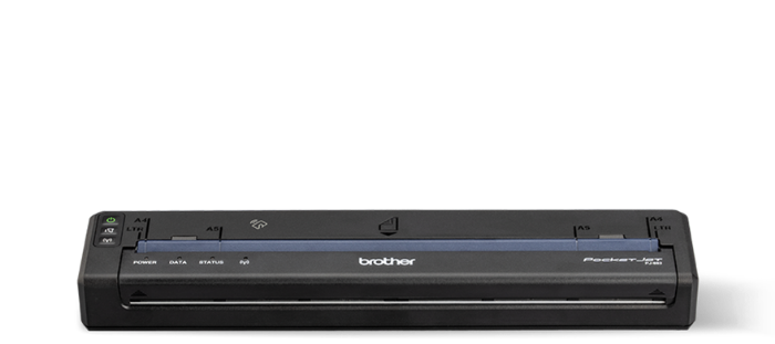 A compact black Brother portable scanner with control buttons and indicator lights on a light background.