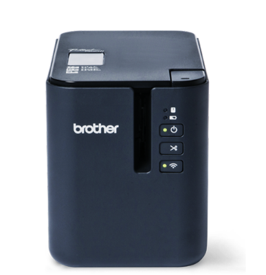 A Brother label printer with power, feed, and Wi-Fi buttons on the front, shown from a front angle.