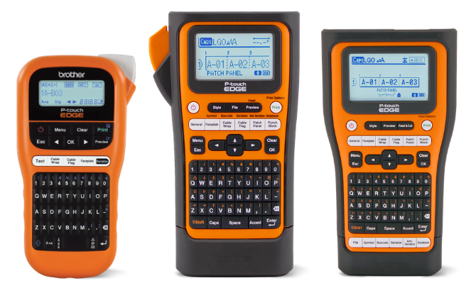 Three orange handheld Brother label makers with digital screens and QWERTY keyboards are lined up side by side.