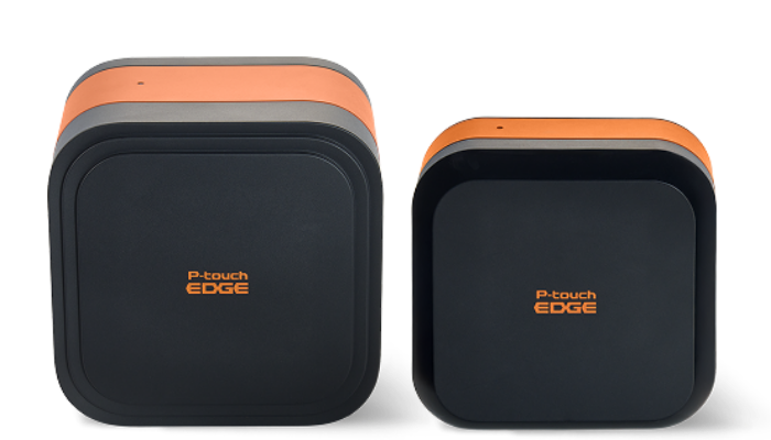 Two black and orange square label printers labeled P-touch EDGE are side by side on a light background.