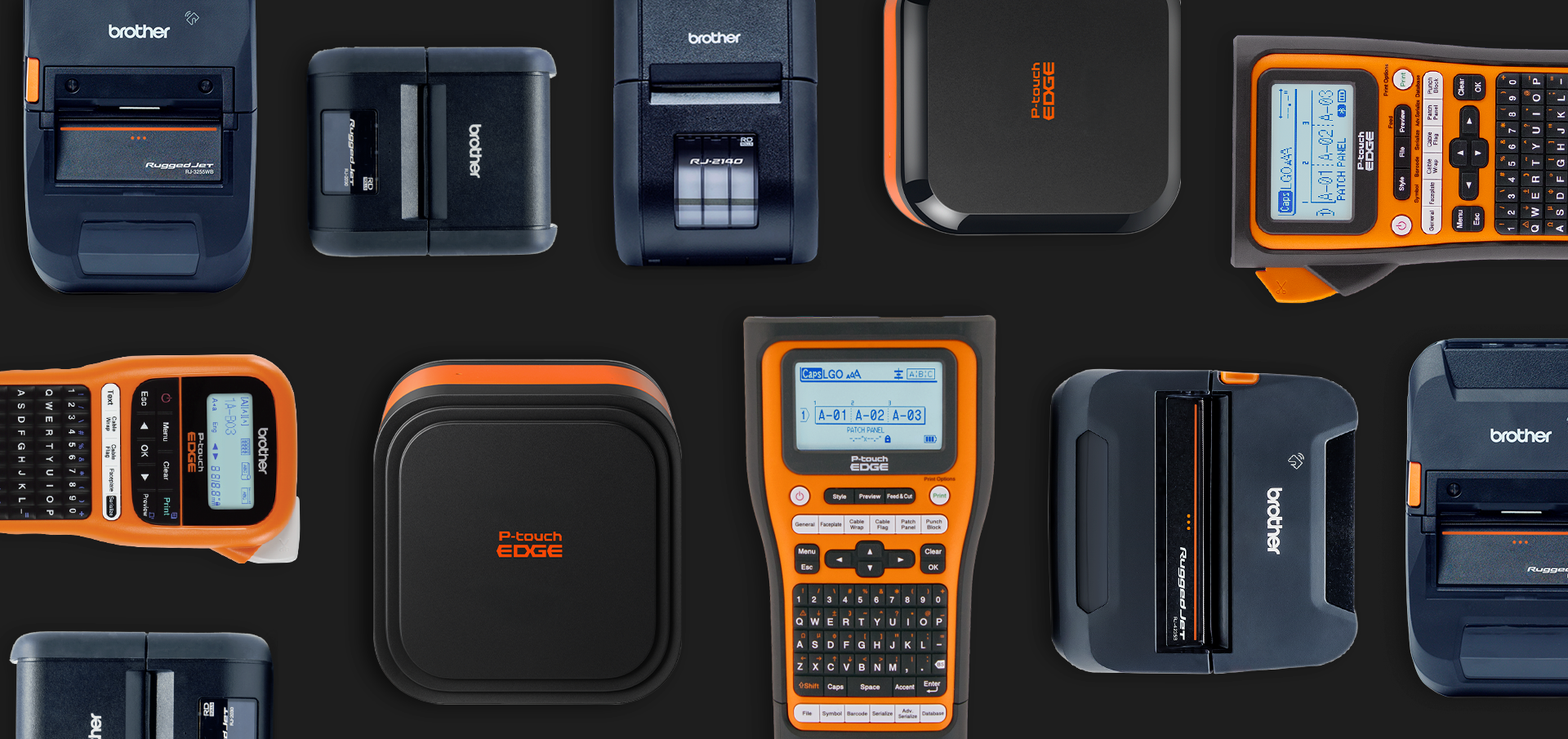 Assorted Brother label printers and label makers in black and orange, displayed on a dark background.