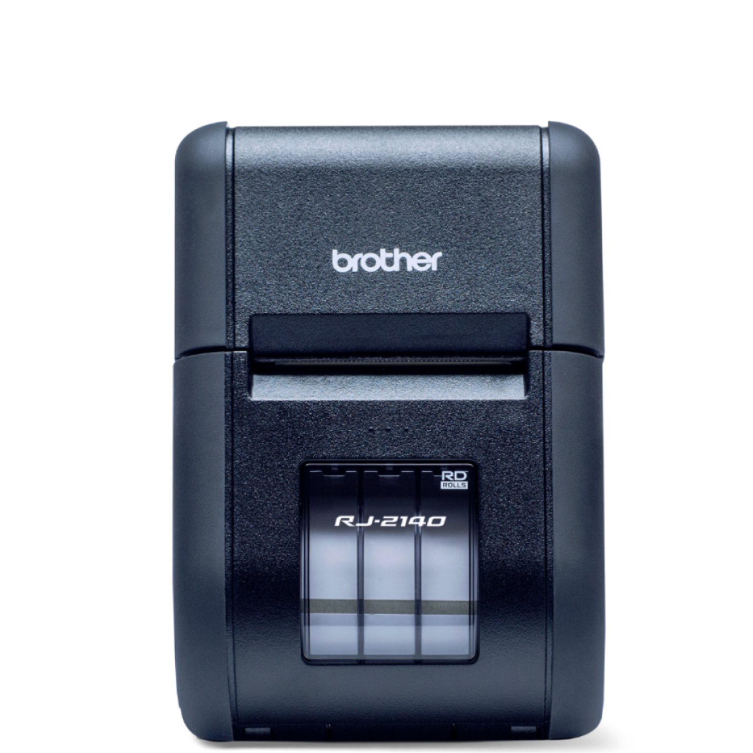 Front view of a black Brother RJ-2140 mobile label printer against a plain light background.