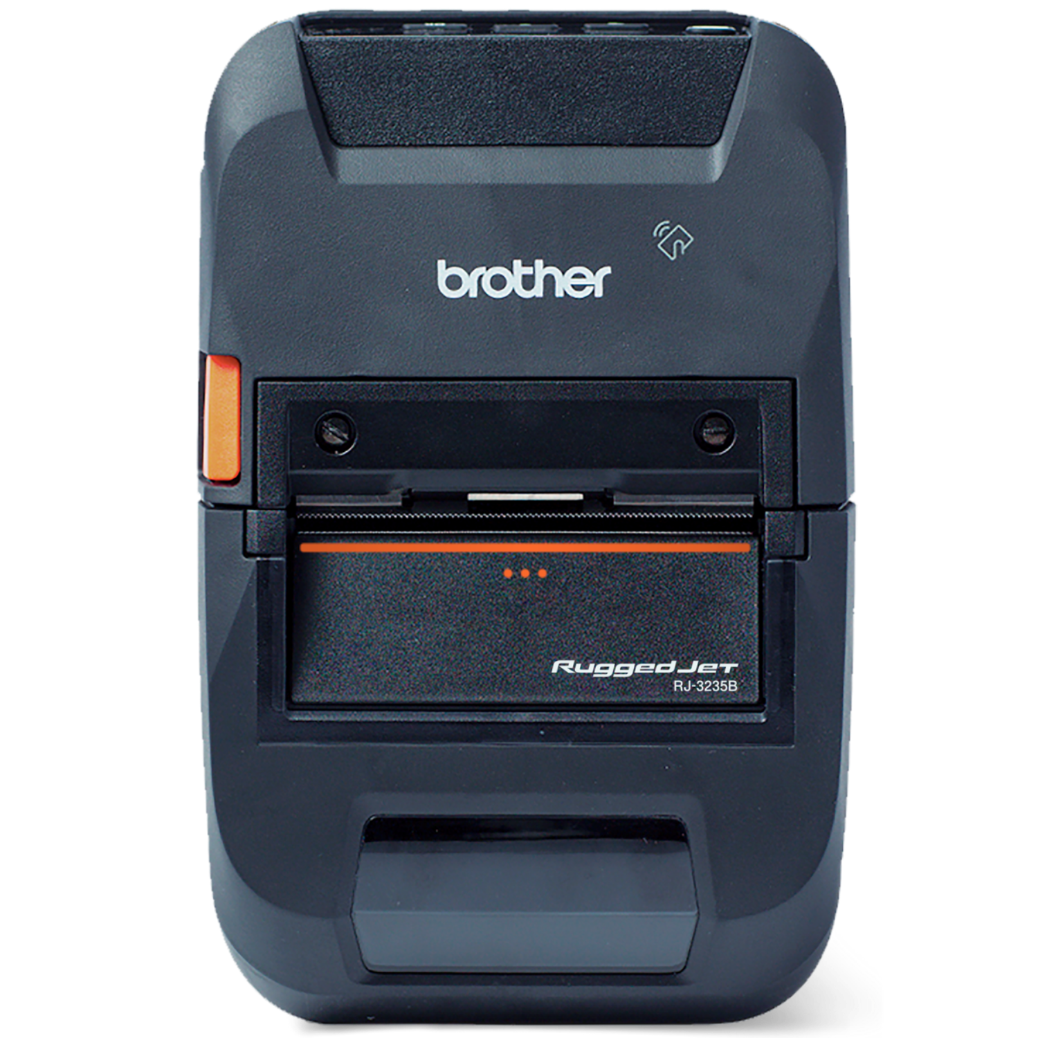 Brother RuggedJet RJ-3235B portable mobile label printer in dark grey with orange accents, front view.