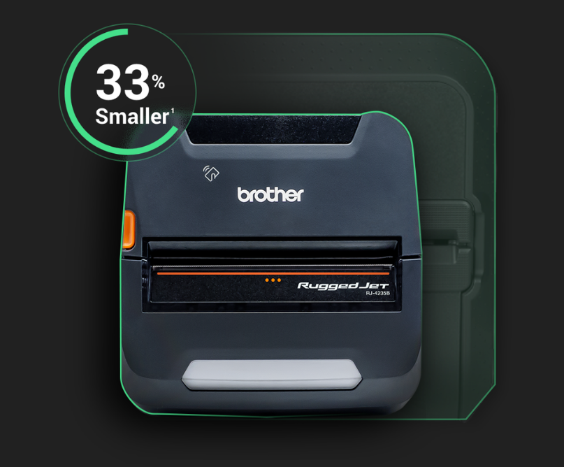 A Brother RuggedJet printer with a graphic showing it is 33% smaller, on a dark background.