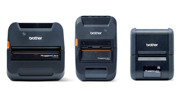 Three black Brother RuggedJet portable label printers are lined up against a plain white background.