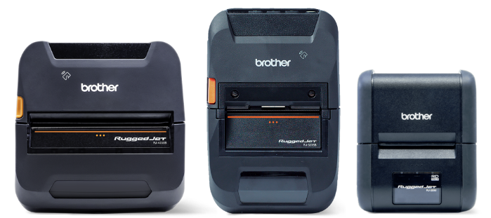 Three Brother RuggedJet mobile printers in different sizes, displayed side by side against a white background.