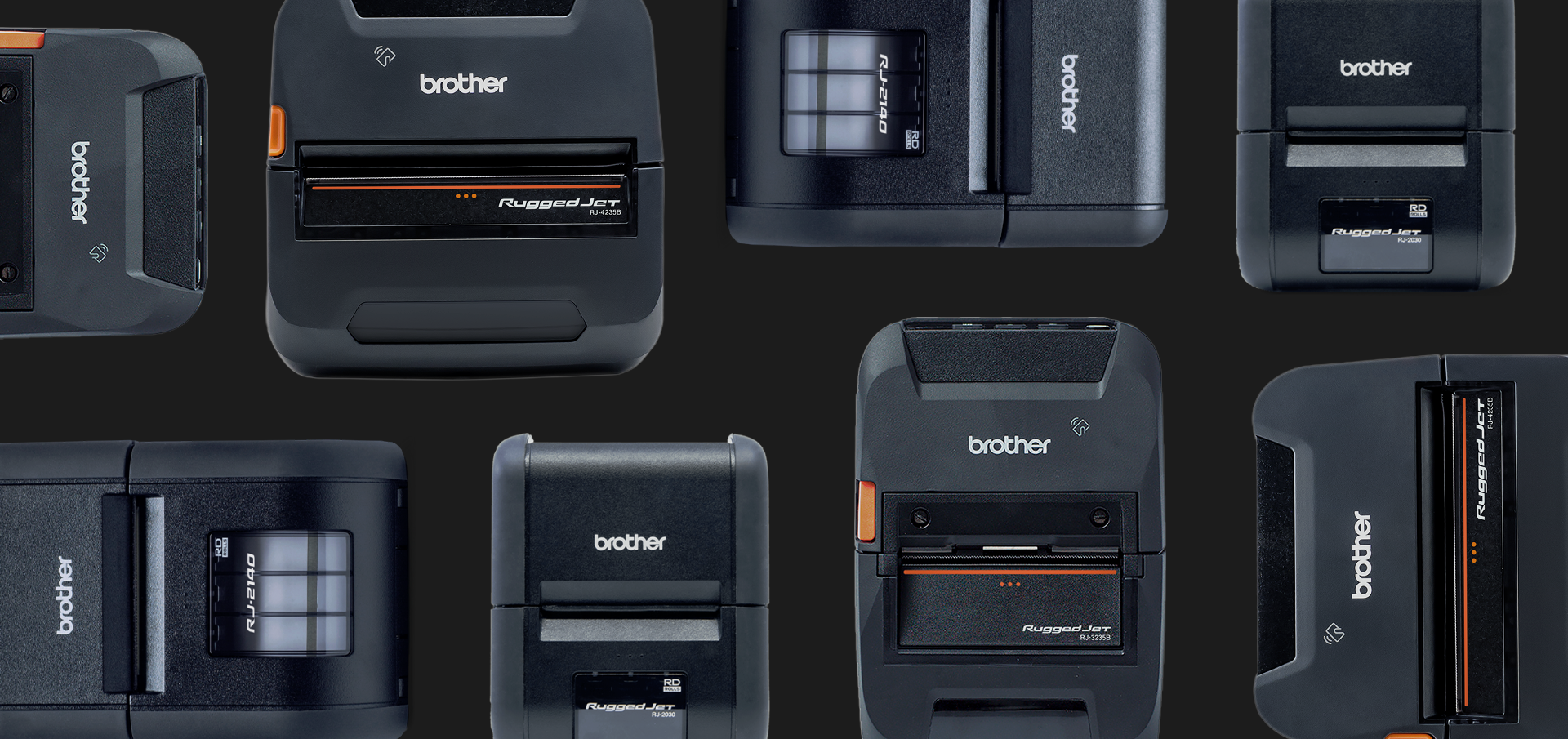 Multiple Brother RuggedJet mobile printers displayed from various angles on a dark background.