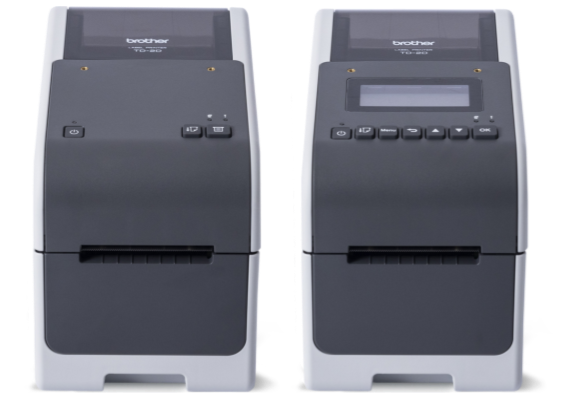 Two Brother label printers side by side, featuring buttons and display screens on the front panels.
