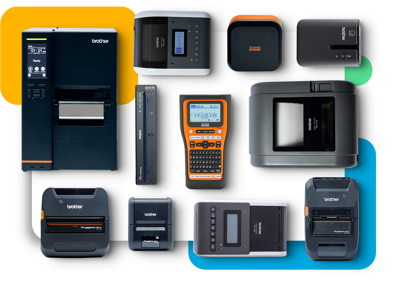 Various Brother label printers and devices arranged on a white background with colorful shapes behind them.
