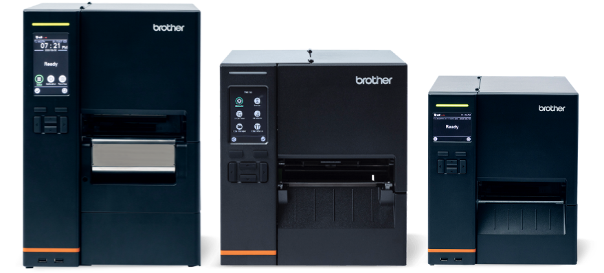 Three black Brother label printers of varying sizes are displayed side by side on a plain background.