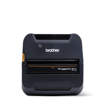 A black Brother label printer with orange accents, shown from the front on a plain white background.