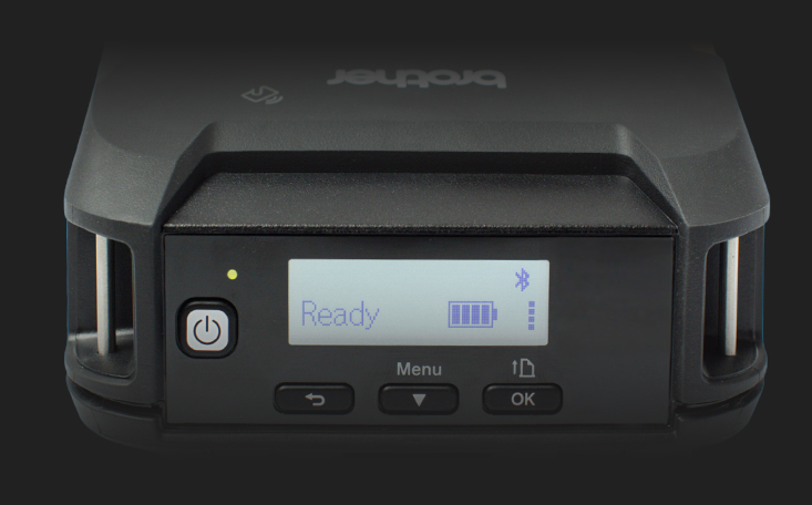Close-up of a Brother printer display showing Ready status and Bluetooth and battery icons.