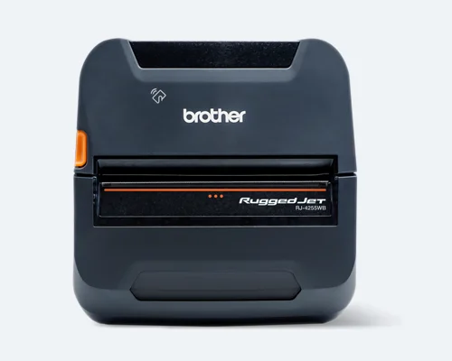Brother Rugged Jet RJ-4255WB portable label printer with black and orange details, front view.