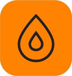 Black outline of a water droplet with a smaller droplet inside on an orange rounded square background.