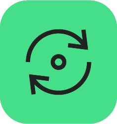 Black circular arrows forming a loop on a green rounded square background, representing refresh or sync.