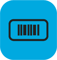 Black barcode icon inside a rounded rectangle on a blue background with rounded corners.