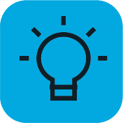 Outline of a light bulb with lines suggesting light on a blue rounded square background.