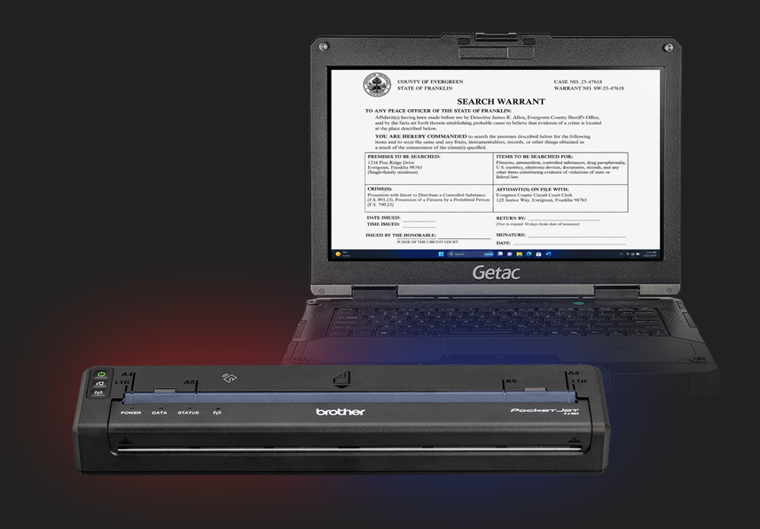 A Brother portable scanner and a Getac laptop displaying a search warrant document on the screen, ideal for professionals needing Full-Page Mobile Printing capabilities in the field.