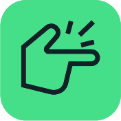 Black outline of a hand snapping fingers on a green rounded square background.