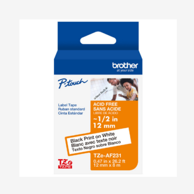 Brother P-touch label tape box, acid free, black print on white, 12 mm wide, 8 m long, TZe-AF231.