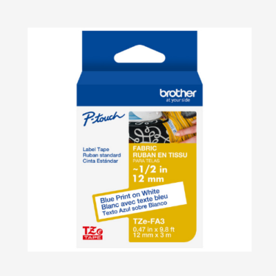 Brother P-touch fabric label tape box, 1/2 in, blue print on white, for labeling, model TZe-FA3.