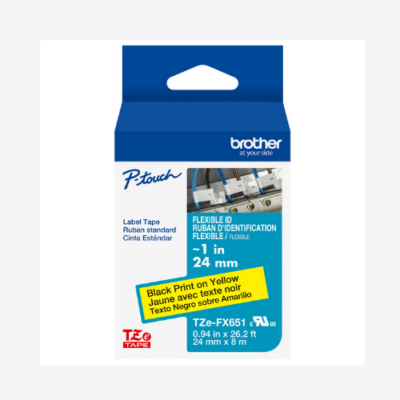 Brother P-touch label tape packaging, black print on yellow, 24mm width, flexible ID, TZe-FX651.