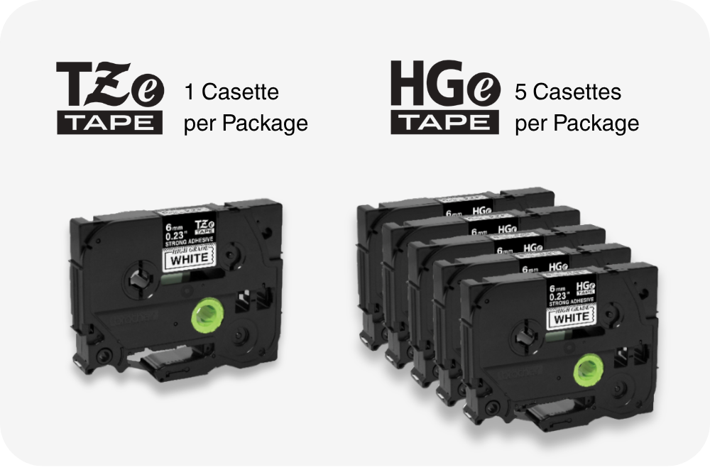 Comparison of TZ tape single cassette and HGe tape five-pack cassettes for label printers, ideal for any project requiring reliable, high-quality P-touch Tape. Discover how Smart P-touch Tape options can enhance your labeling efficiency and meet your specific project needs.