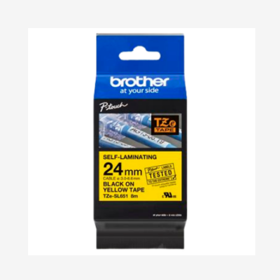 Brother TZe-SL651 24mm self-laminating label tape, black on yellow, 8m roll in retail packaging.