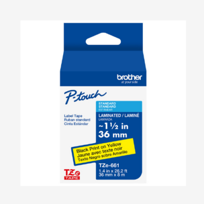 Brother P-touch label tape, black on yellow, 1.5 inch x 36 mm, in blue and white packaging.
