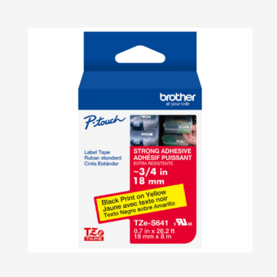 Brother P-touch strong adhesive label tape, 18mm, black print on yellow, 0.7 in x 26.2 ft, TZe-S641.