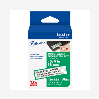 Brother P-touch tamper evident label tape box, black print on white, 18mm x 8m, English and French text.