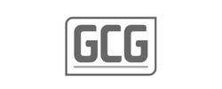 Gray GCG logo in bold letters within a rounded rectangular border on a landing page with a light background.
