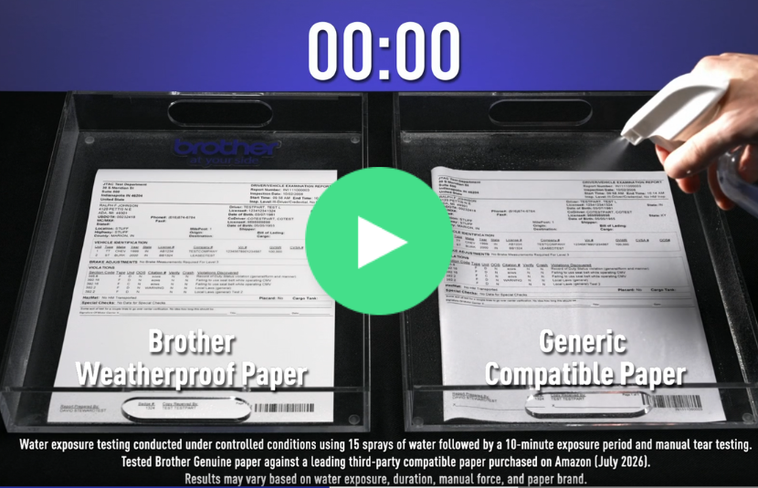 Two trays with documents labeled Brother Weatherproof Paper and Generic Compatible Paper are being sprayed with water in resistance tests, highlighting the durability differences between Brother Paper and generic paper options.